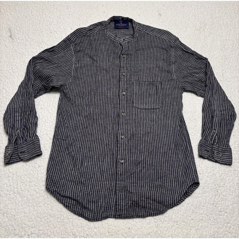 Nino Cerruti Mens Striped Banded Collar Button Up Shirt Black White XL Vintage